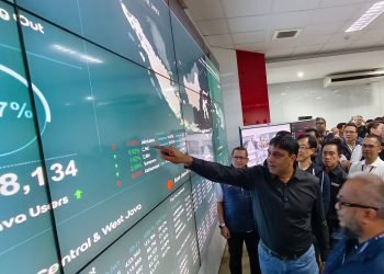 President Director & CEO Indosat Ooredoo Hutchison Vikram Sinha (ketiga dari kiri) dan Chief Technology Officer Indosat Ooredoo Hutchison Desmond Cheung (kedua dari kiri) melakukan pemantauan kapasitas jaringan dan trafik pelanggan menjelang lebaran di Indosat Command Center (doc. IO)