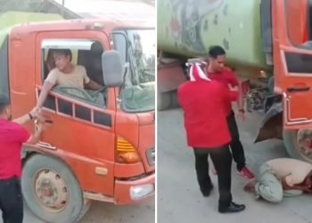 Tangkapan layar diduga ajudan Bupati Kubar menganiaya supir truk. (Doc. Istimewa)
