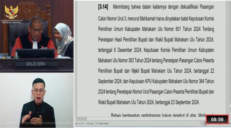 Tangkapan layar pembacaan putusan Mahkamah Konstitusi terkait PSU di Kabupaten Mahakam Ulu. (Doc. Youtube MK)