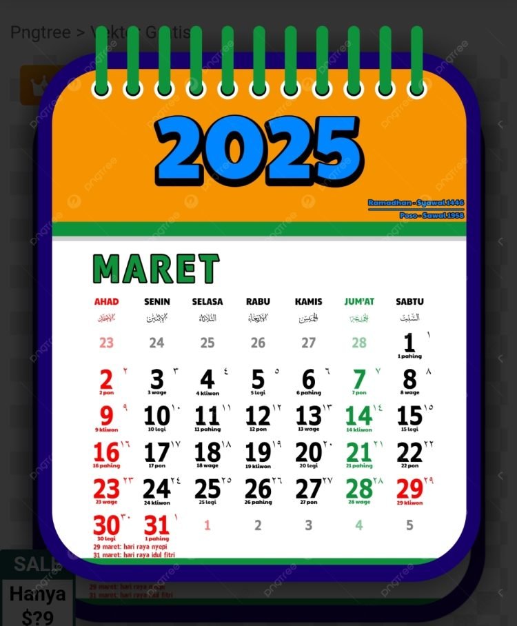 Kalender Maret 2025. (Dok. Pngtree)