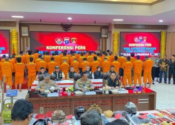 Puluhan tersangka premanisme ditampilkan Polda Kaltim dalam konferensi pers di Balikpapan. (Dok. Muhammad/PortalBalikpapan)