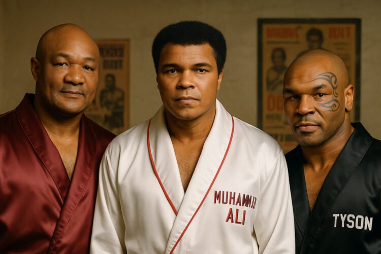 Ilustrasi George Forman, Muhammad Ali dan Mike Tyson. (Dok. AI)