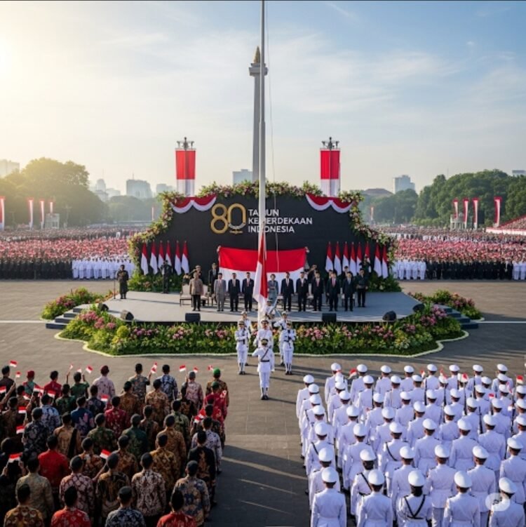 Ilustrasi upacara memperingati Hari Kemerdekaan Ke-80 Republik Indonesia. (Dok. Gemini AI)