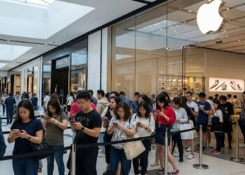 Ilustrasi masyarakat mengantri di gerai Apple. (Dok. Gemini AI)