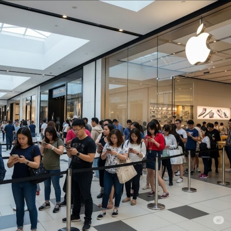 Ilustrasi masyarakat mengantri di gerai Apple. (Dok. Gemini AI)