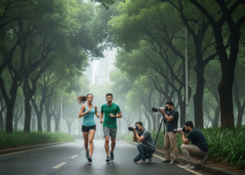 Ilustrasi sepasang pelari sedang dijepret oleh Photographer. (FOTO: AI)