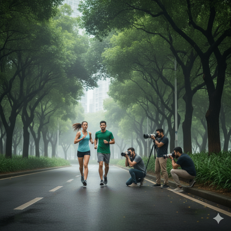 Ilustrasi sepasang pelari sedang dijepret oleh Photographer. (FOTO: AI)