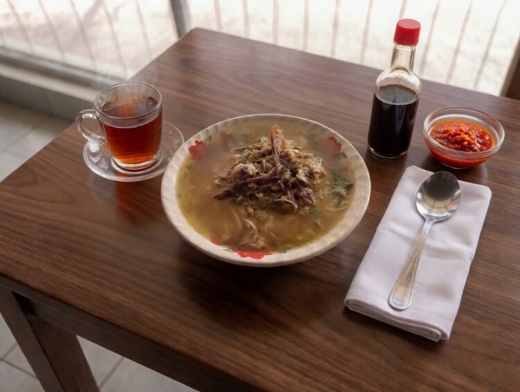 Semangkuk soto hangat racikan Pak Iket tersaji lengkap dengan sambal dan kecap, menghadirkan cita rasa khas yang menggoda selera di Terminal Tingkir, Salatiga. (FOTO: Imam/PortalBalikpapan)