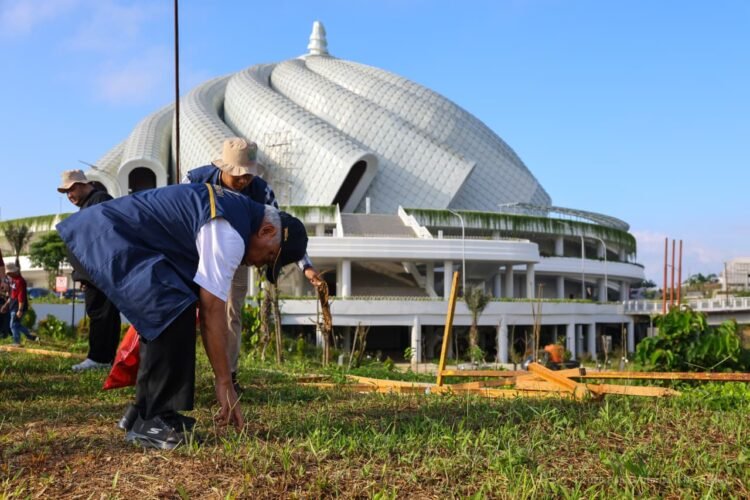 Aksi gotong royong dan bersih-bersih kawasan Masjid Negara IKN dalam rangka Hari Lingkungan Hidup Sedunia. (FOTO: Humas Otorita IKN)