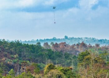 Helikopter TNI AU mengangkut air untuk operasi water bombing dalam penanganan karhutla di wilayah IKN. (FOTO: Humas Otorita IKN)