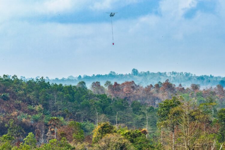 Helikopter TNI AU mengangkut air untuk operasi water bombing dalam penanganan karhutla di wilayah IKN. (FOTO: Humas Otorita IKN)