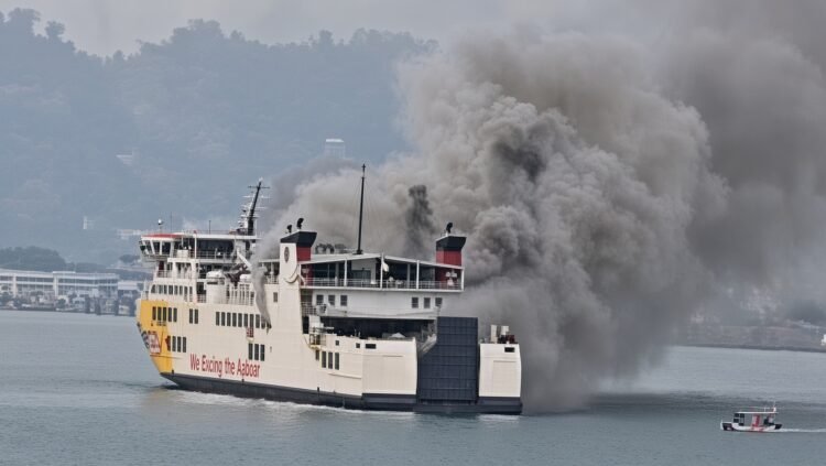 **Caption:**KMP Batumandi terbakar di perairan Merak, Selasa (20/10/2026). Seluruh penumpang dan awak berhasil dievakuasi. (Dok. Tangkapan Layar)
